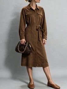 SHEIN LUNE Women's Fall Fashion Casual Loose Fit Midi Dress With Large Pockets And Belt Waist, Suitable For Daily Commute, Street Style Office Shades Of Brown - Brown - View 5