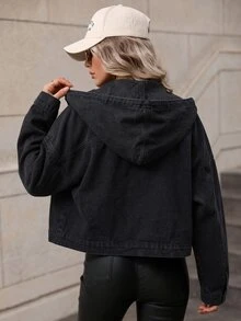 SHEIN Frenchy 女款長袖單排扣休閒連帽牛仔夾克 - 深灰色 - 查看 2