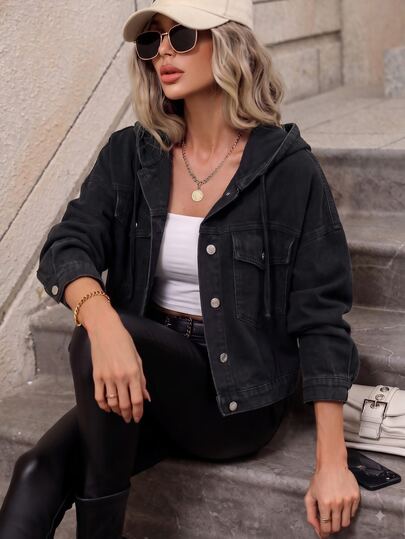 SHEIN Frenchy Women's Long Sleeve Single-Breasted Casual Hooded Denim Jacket