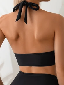 Swim Basics 2件組女款素色肩帶露背上衣與高腰泳褲比基尼泳裝套裝，附金色配件，適合海灘度假 - 黑色 - 查看 4