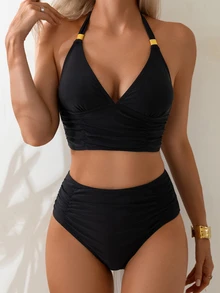 Swim Basics 2件組女款素色肩帶露背上衣與高腰泳褲比基尼泳裝套裝，附金色配件，適合海灘度假 - 黑色 - 查看 3