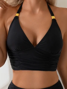 Swim Basics 2件組女款素色肩帶露背上衣與高腰泳褲比基尼泳裝套裝，附金色配件，適合海灘度假 - 黑色 - 查看 5