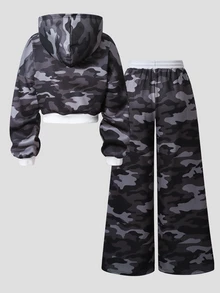 SHEIN 2件組青少年女孩迷彩連帽拉鍊開襟衫，寬鬆版型、落肩設計、長羅紋腰線，時尚休閒獨特設計運動衫，搭配寬鬆舒適長褲，休閒運動學院風套裝，適合戶外、室內、運動、派對、學校及任何場合，春季、秋季、冬季 - 深灰色 - 查看 2