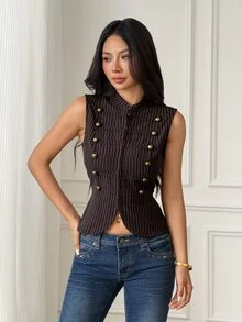 SHEIN PETITE Women's Elegant Fringe 70s Retro Black Double-Breasted Zipper Jacket Office Party Summer - Brown - View 7
