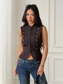 SHEIN PETITE Women's Elegant Fringe 70s Retro Black Double-Breasted Zipper Jacket Office Party Summer - Brown - View 3