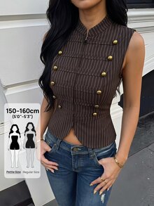 SHEIN PETITE Women's Elegant Fringe 70s Retro Black Double-Breasted Zipper Jacket Office Party Summer - Brown - View 1