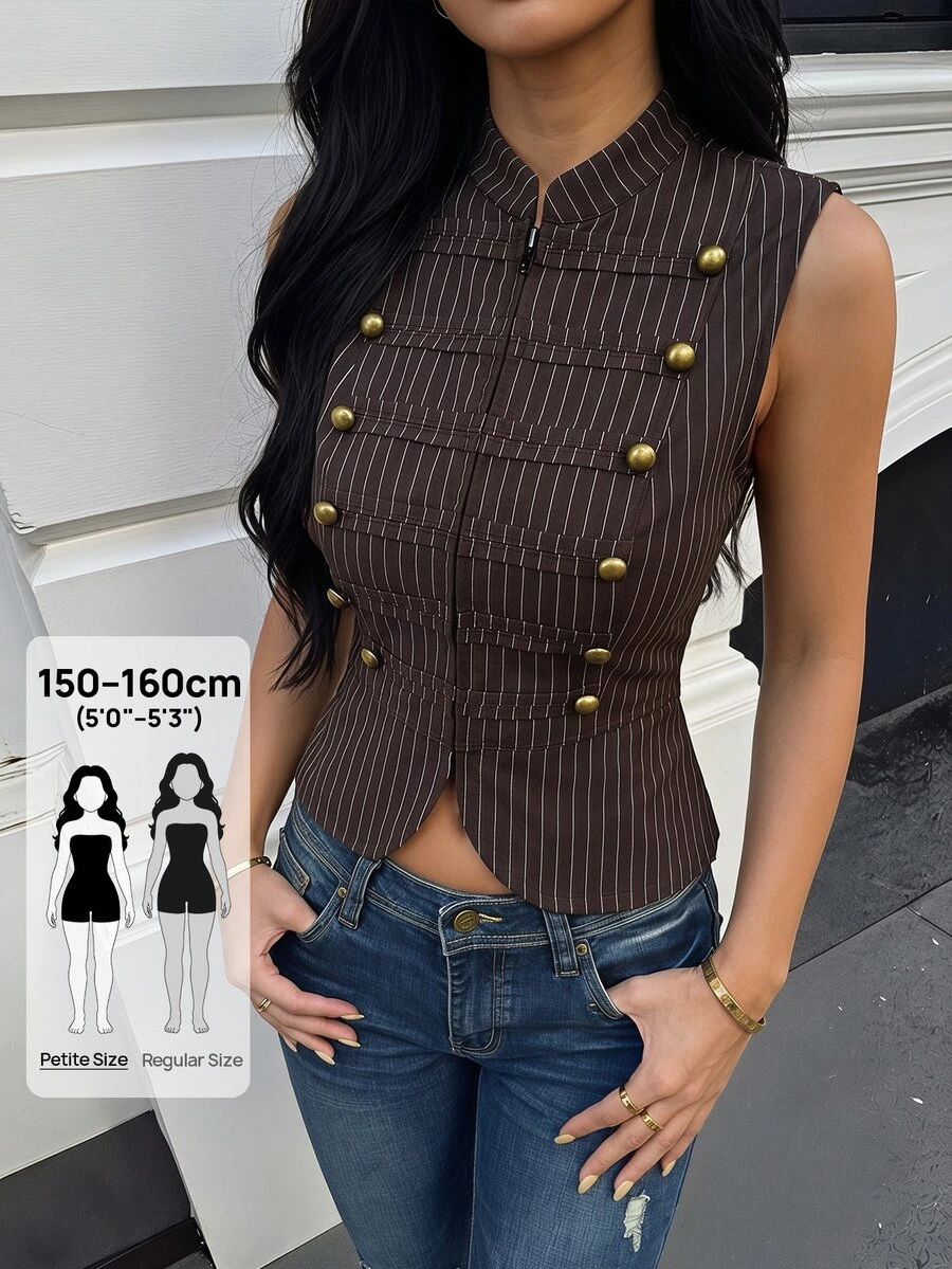 SHEIN PETITE Women's Elegant Fringe 70s Retro Black Double-Breasted Zipper Jacket Office Party Summer - Brown - View 1