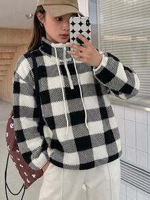 FRIFUL 女款立領撞色抽繩落肩長袖羊羔絨布料下擺收口寬鬆休閒百搭衛衣 秋季女裝 - 黑與白 - 查看 6