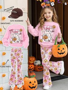 SHEIN Cute Young Girl Halloween Kids Outfit Pink Ghost And Pumpkin Sweatshirt With Matching Flare Leggings - Multicolor - View 3