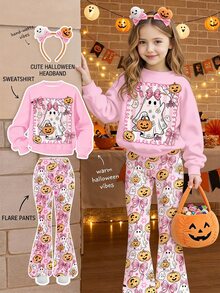 SHEIN Cute Young Girl Halloween Kids Outfit Pink Ghost And Pumpkin Sweatshirt With Matching Flare Leggings - Multicolor - View 1