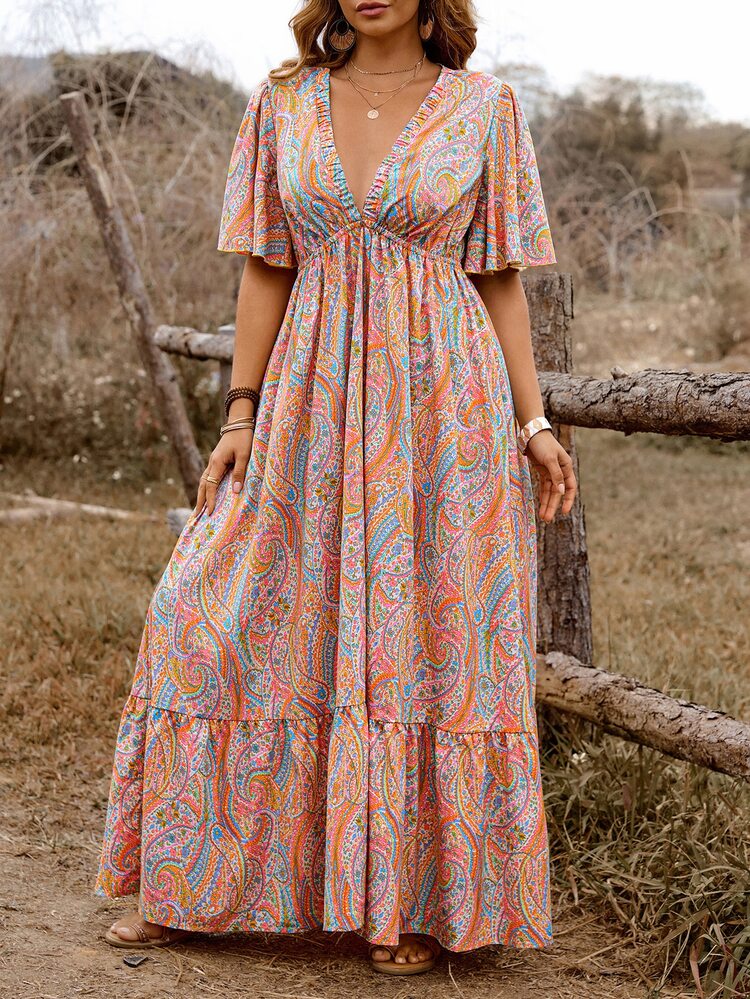 SHEIN Clasi Plus Size Polyester Women's Bohemian Boho Casual Style Orange Paisley Print Deep V-Neck Ruffle Sleeve Plus Size Hem Dress Vacation Formal Summer - Multicolor - View 3