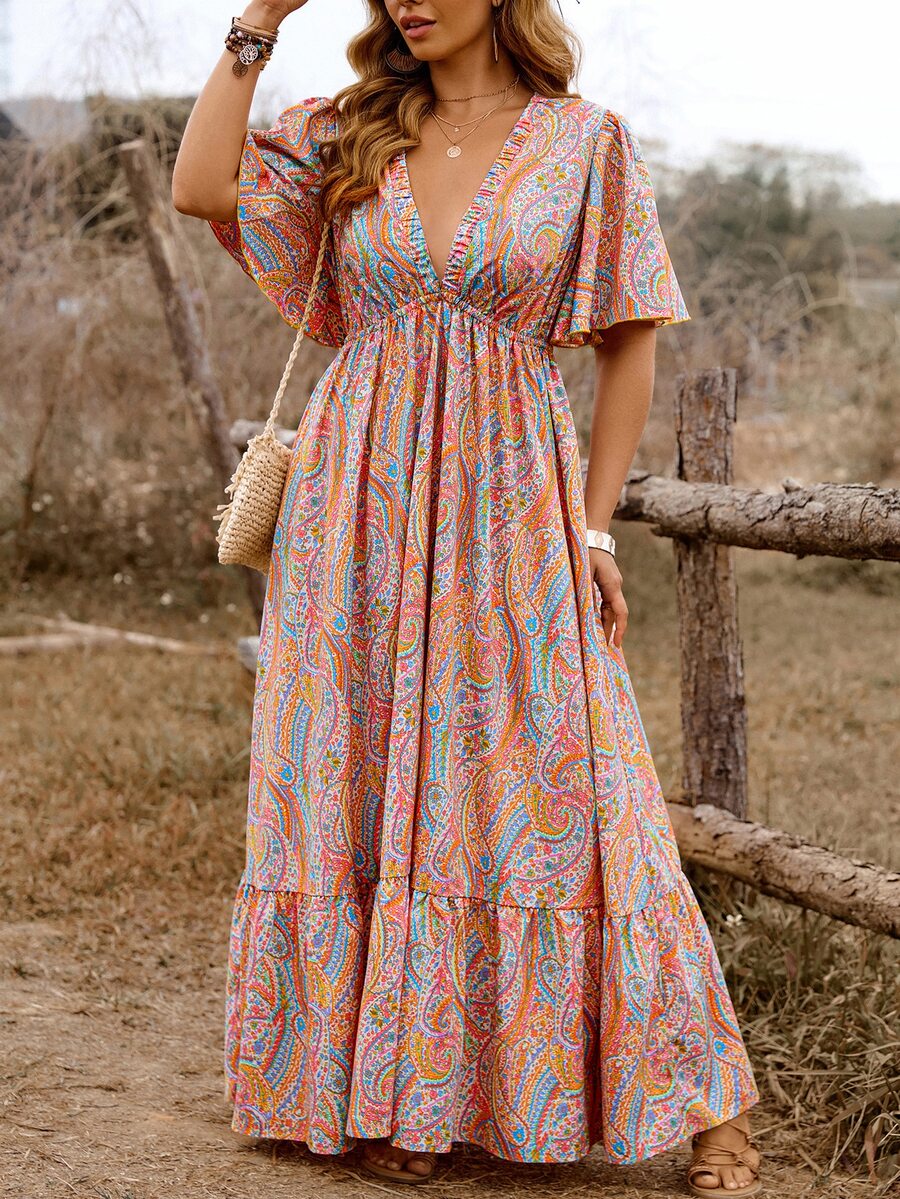 SHEIN Clasi Plus Size Polyester Women's Bohemian Boho Casual Style Orange Paisley Print Deep V-Neck Ruffle Sleeve Plus Size Hem Dress Vacation Formal Summer - Multicolor - View 1