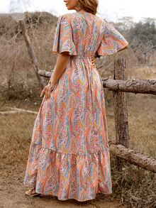 SHEIN Clasi Plus Size Polyester Women's Bohemian Boho Casual Style Orange Paisley Print Deep V-Neck Ruffle Sleeve Plus Size Hem Dress Vacation Formal Summer - Multicolor - View 2