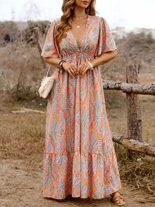 SHEIN Clasi Plus Size Polyester Women's Bohemian Boho Casual Style Orange Paisley Print Deep V-Neck Ruffle Sleeve Plus Size Hem Dress Vacation Formal Summer - Multicolor - View 7