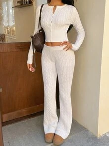 FavEase Set 2 Potong Sweater Wanita Kasual Serbaguna Klasik Rajut Kabel Tekstur untuk Harian, Komuter dan Outdoor Musim Gugur/Dingin - Putih - View 5