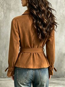SHEIN Spring Caramel Color Lapel Short Jacket With Matching Waist Tie, Elegant Style, Suitable For Graduation, Christmas, Commuting, Vacation And Other Occasions. Women's Casual Jacket - Brown - View 2