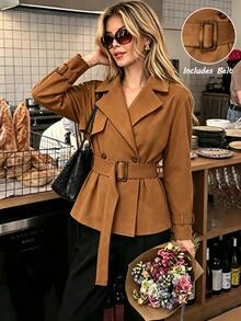 SHEIN Spring Caramel Color Lapel Short Jacket With Matching Waist Tie, Elegant Style, Suitable For Graduation, Christmas, Commuting, Vacation And Other Occasions. Women's Casual Jacket - Brown - View 4