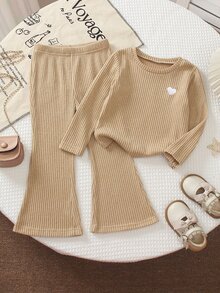 Elladie kids Young Girls Long Sleeve Khaki Top And Flared Pants Set, Spring/Autumn New 2-Piece Outfit For Daily Wear, Back To School - Khaki - View 4