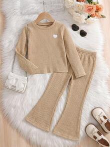 Elladie kids Young Girls Long Sleeve Khaki Top And Flared Pants Set, Spring/Autumn New 2-Piece Outfit For Daily Wear, Back To School - Khaki - View 8