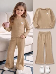 Elladie kids Young Girls Long Sleeve Khaki Top And Flared Pants Set, Spring/Autumn New 2-Piece Outfit For Daily Wear, Back To School - Khaki - View 3