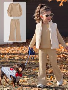 Elladie kids Young Girls Long Sleeve Khaki Top And Flared Pants Set, Spring/Autumn New 2-Piece Outfit For Daily Wear, Back To School - Khaki - View 1