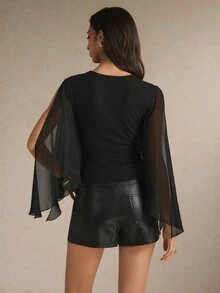 Poéselle Women's Black V-Neck Cape Sleeve Top, Elegant Sheer Chiffon Blouse, Slim-Fit Going Out Top, Dressy Workwear And Party Outfit For Women,Fall Winter - Black - View 8