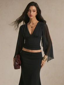 Poéselle Women's Black V-Neck Cape Sleeve Top, Elegant Sheer Chiffon Blouse, Slim-Fit Going Out Top, Dressy Workwear And Party Outfit For Women,Fall Winter - Black - View 1