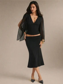 Poéselle Women's Black V-Neck Cape Sleeve Top, Elegant Sheer Chiffon Blouse, Slim-Fit Going Out Top, Dressy Workwear And Party Outfit For Women,Fall Winter - Black - View 2