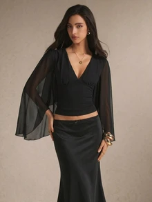 Poéselle Women's Black V-Neck Cape Sleeve Top, Elegant Sheer Chiffon Blouse, Slim-Fit Going Out Top, Dressy Workwear And Party Outfit For Women,Fall Winter - Black - View 4
