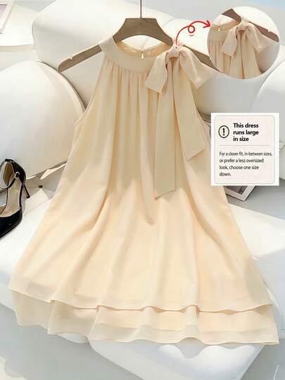 SHEIN Franclia Women's Fashion Elegant Casual Daily Sleeveless Halter Neck Tie Bow Chiffon Short Dress