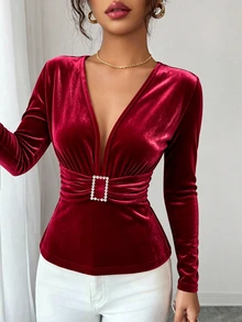Elenzga Velvet Plunging Neck Rhinestone Buckle Ruched Waist Tee - Burgundy - View 5