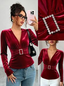 Elenzga Velvet Plunging Neck Rhinestone Buckle Ruched Waist Tee - Burgundy - View 6