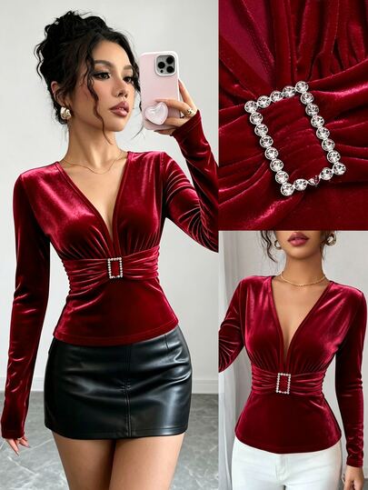 Elenzga Camiseta de Veludo com Decote Profundo, Fivela de Strass e Cintura Franzida
