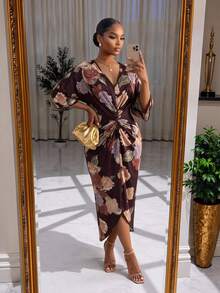 SHEIN Lady Plus Size Women's V-Neck Floral Print Twisted Ruched Casual Romantic Elegant Party Wedding Formal Evening Dress Burgundy Fall - Brown - View 3
