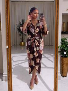 SHEIN Lady Plus Size Women's V-Neck Floral Print Twisted Ruched Casual Romantic Elegant Party Wedding Formal Evening Dress Burgundy Fall - Brown - View 4