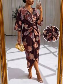 SHEIN Lady Plus Size Women's V-Neck Floral Print Twisted Ruched Casual Romantic Elegant Party Wedding Formal Evening Dress Burgundy Fall - Brown - View 1