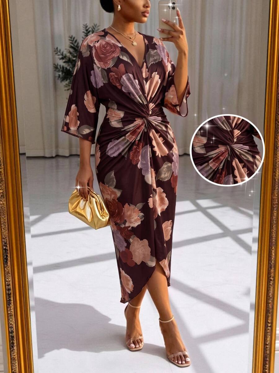 SHEIN Lady Plus Size Women's V-Neck Floral Print Twisted Ruched Casual Romantic Elegant Party Wedding Formal Evening Dress Burgundy Fall - Brown - View 1