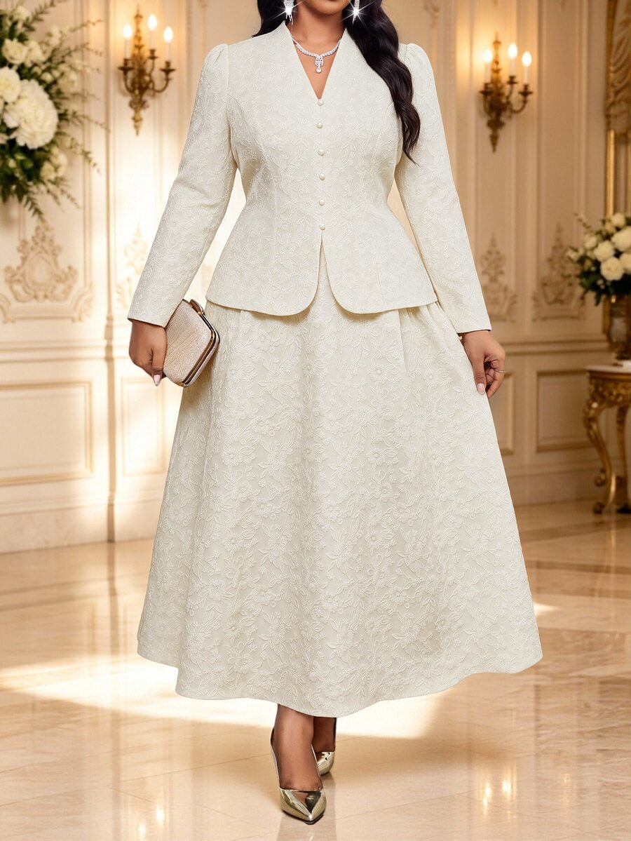 Fleurora Plus Size Women V-Neck Fitted Top And Skirt Fashion Elegant Suit Set - Apricot - View 1