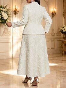 Fleurora Plus Size Women V-Neck Fitted Top And Skirt Fashion Elegant Suit Set - Apricot - View 2