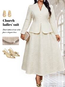Fleurora Plus Size Women V-Neck Fitted Top And Skirt Fashion Elegant Suit Set - Apricot - View 5