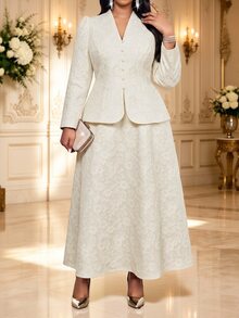 Fleurora Plus Size Women V-Neck Fitted Top And Skirt Fashion Elegant Suit Set - Apricot - View 6