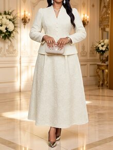 Fleurora Plus Size Women V-Neck Fitted Top And Skirt Fashion Elegant Suit Set - Apricot - View 7