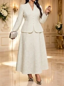 Fleurora Plus Size Women V-Neck Fitted Top And Skirt Fashion Elegant Suit Set - Apricot - View 4