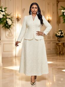 Fleurora Plus Size Women V-Neck Fitted Top And Skirt Fashion Elegant Suit Set - Apricot - View 3