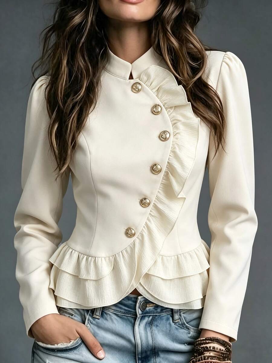 Yalmera Women's Autumn/Winter New Elegant Button-Front Multi-Layer Ruffle Waist-Cinching Jacket - Beige - View 1