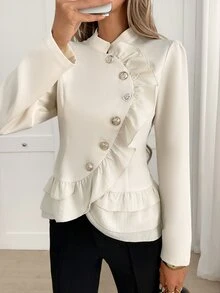 Yalmera Women's Autumn/Winter New Elegant Button-Front Multi-Layer Ruffle Waist-Cinching Jacket - Beige - View 4