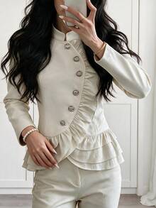 Yalmera Women's Autumn/Winter New Elegant Button-Front Multi-Layer Ruffle Waist-Cinching Jacket - Beige - View 3