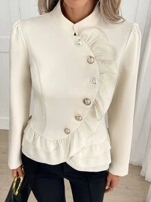 Yalmera Women's Autumn/Winter New Elegant Button-Front Multi-Layer Ruffle Waist-Cinching Jacket - Beige - View 6