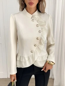 Yalmera Women's Autumn/Winter New Elegant Button-Front Multi-Layer Ruffle Waist-Cinching Jacket - Beige - View 7