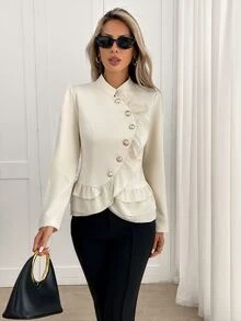 Yalmera Women's Autumn/Winter New Elegant Button-Front Multi-Layer Ruffle Waist-Cinching Jacket - Beige - View 5